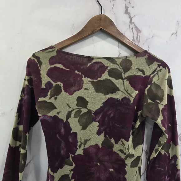 Vintage 90s Y2K Shirt Women Small Green Mesh Lettuce Hem Sheer Floral Rose - Picture 6 of 13